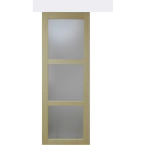 porte Coulissante Bois Ayous Vitrée H204 X L73 + Rail Alu Bandeau Blanc Gd Menuiseries