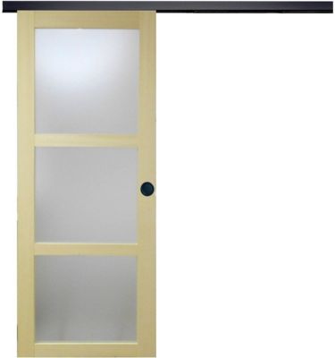 Porte Coulissante Bois Ayous Vitrée H204 X L93 Cm, Rail Alu Bandeau Noir, Coquilles Noir Gd Menuiseries