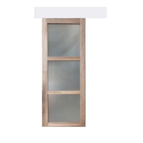 Porte Coulissante Bois Frake Vitrée H204 X L73 + Rail Alu Bandeau Blanc Et 2 Coquilles Gd Menuiseries