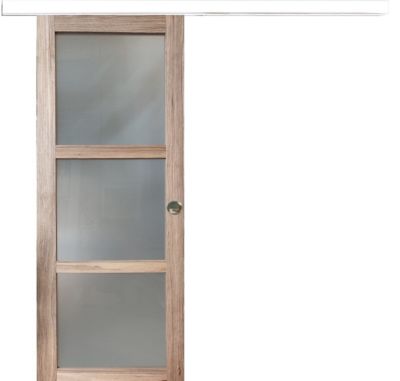 Porte Coulissante Bois Frake Vitrée H204 X L83 Cm, Rail Alu Bandeau Blanc, Coquilles Gd Menuiseries