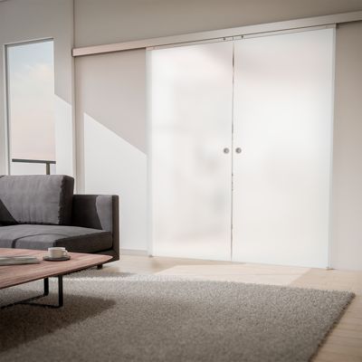 Porte coulissante complète Schulte  - 151x203 - double porte vitrée - décor opaque -poignée ronde-double softclose