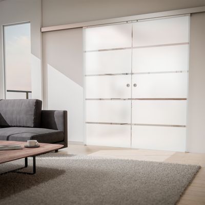 Porte coulissante complète Schulte  - 151x203 - double porte vitrée dépoli - poignée ronde - double softclose