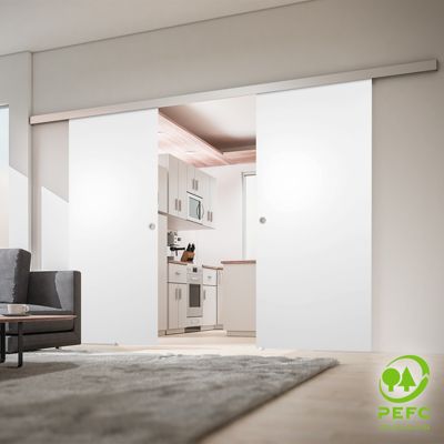 Porte coulissante complète Schulte  - 176x203 - bois blanc - double porte - poignée carrée + double softclose