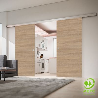 Porte coulissante complète Schulte  - 176x203 - décor chêne - double porte - poignée carrée - double softclose