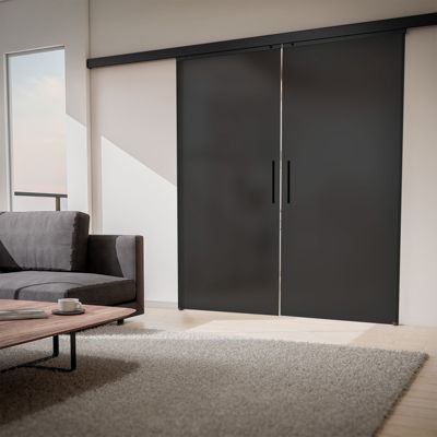 Porte coulissante complète Schulte  - 180x203 - double porte - vitrée opaque anthracite - barre - double softclose