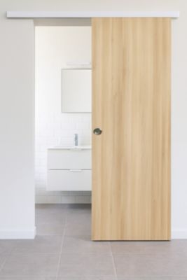 Porte Coulissante Décor Chêne Naturel Honey Oak  H204 X L73 Cm, Rail Alu Bandeau Blanc, Coquilles Gd Menuiseries