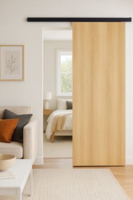 Porte Coulissante Décor Chêne Naturel Honey Oak  H204 X L93 Cm, Rail Alu Bandeau Noir Gd Menuiseries