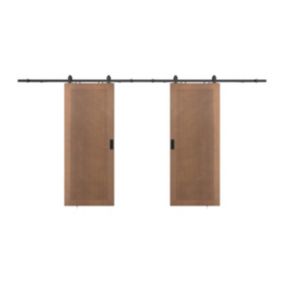 Porte coulissante double avec système en applique en MDF et bois naturel foncé - 2 x H205 x L63 cm - SANDORA