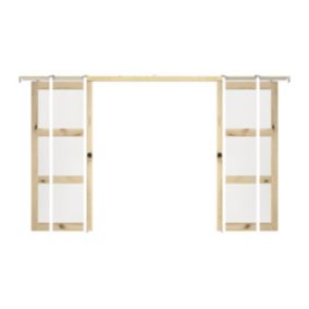 Porte coulissante double avec système à galandage en bois et verre trempé dépoli - 3 fenêtres - 2 x H205 x L93 cm - ACOSTA II