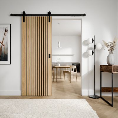 Porte coulissante effet tasseaux bois design contemporain avec kit de fixation, 73 x 210 cm, Radex Lamarro