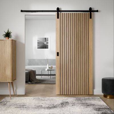 Porte coulissante effet tasseaux bois design contemporain avec kit de fixation, 83 x 210 cm, Radex Lamarro