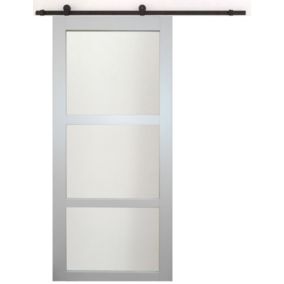 Porte Coulissante Greyria Gris Clair Ral7035 Vitree H204 X L73 + Rail à Roulettes Noir Gd Menuiseries