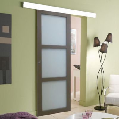 Porte Coulissante Gris Taupe Ral 7006 Vitrée H204 X L73 Cm, Rail Bandeau Blanc Gd Menuiseries
