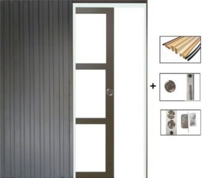 Porte Coulissante Gris Taupe Ral 7006 Vitrage Transparent H204 X L83 Cm, Galandage, Kit De Finition Gd Menuiseries
