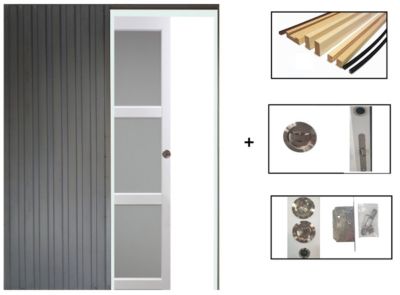 Porte Coulissante Kenya Blanc Vitrée H204 X L83 Cm, Galandage, Kit Finition Gd Menuiseries
