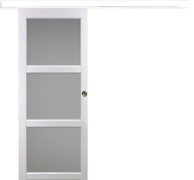Porte Coulissante Kenya Blanc Vitrée H204 X L93 Cm, Rail Alu Bandeau Blanc, Coquilles Gd Menuiseries