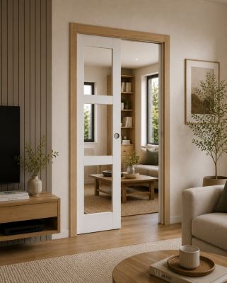 Porte Coulissante Kenya Blanc Vitrage Transparent H204 X L83 Cm, Galandage, Kit Finition Gd Menuiseries