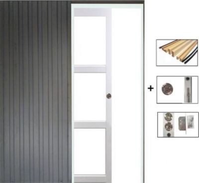 Porte Coulissante Kenya Blanc Vitrage Transparent H204 X L83 Cm, Galandage, Kit Finition Gd Menuiseries