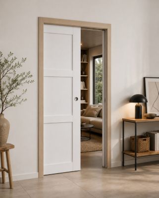 Porte Coulissante Korya Blanc 3 Panneaux H204 X L83 Cm, Galandage, Kit De Finition Gd Menuiseries