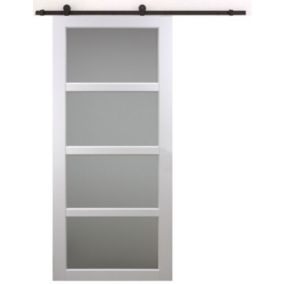 Porte Coulissante Tana Blanc Vitrée H204 X L63 + Rail à  Roulettes Et 2 Coquilles Gd Menuiseries