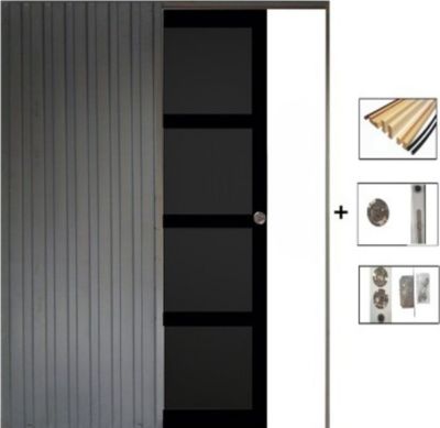 Porte Coulissante Telia Noir 4 Panneaux H204 X L83 Cm, Galandage, Kit Finition Gd Menuiseries