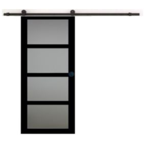 Porte Coulissante Telia Noir Vitrée H204 X L73 + Rail à Roulettes Et 2 Coquilles Noir Gd Menuiseries
