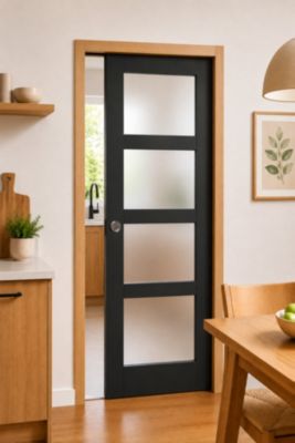 Porte Coulissante Telia Noir Vitrée H204 X L83 Cm, Galandage, Kit De Finition Gd Menuiseries