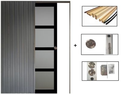 Porte Coulissante Telia Noir Vitrée H204 X L83 Cm, Galandage, Kit De Finition Gd Menuiseries