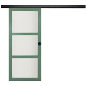 Porte Coulissante Vert Ral 6021 Vitrée H204 X L73 + Rail Alu Bandeau Noir Et 2 Coquilles Noir Gd Menuiseries