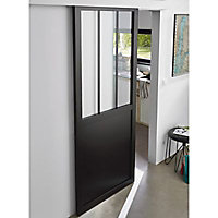 Porte coulissante vitrée esprit atelier noire H.204 x l.83 cm + système coulissant