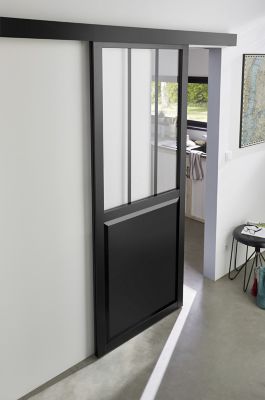 Système pour cloison vitrée fixe avec porte coulissante en bois