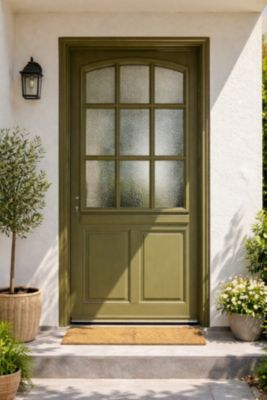 Porte D'entrée Bois Vitrée Andore Vert Gris Olive, H215 X L80 Cm Côte Tableau P.droit Gd Menuiseries