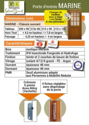 Porte D'Entrée Bois Vitrée, Marine, H,200Xl,90  P,Gauche  Côtes Tableau