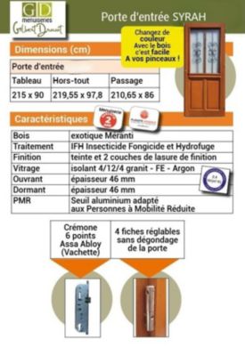 Porte D'Entrée Bois Vitrée, Syrah, H,215Xl,90  P,Gauche  Cote Tableau