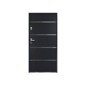 Porte d'entrée en acier pleine et inox H207 x L100 cm anthracite - poussant droit - NAXARA