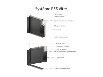Porte d'entrée en acier pleine et inox H207 x L100 cm - verre fumé - anthracite et noir - épaisseur 55 mm - poussant gauche -
