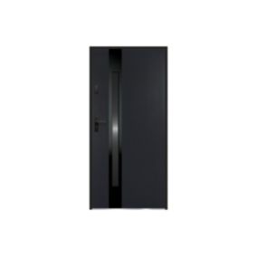 Porte d'entrée en acier pleine et inox H207 x L100 cm - verre fumé - noir et anthracite - poussant droit - BRAGA