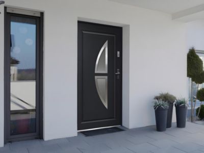 Porte d'entrée en acier vitrée avec inox H207 x L100 cm anthracite - poussant gauche - COVAS