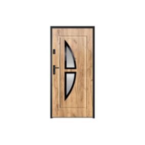 Porte d'entrée en acier vitrée et  inox H207 x L100 cm effet chêne - poussant droit - COVAS