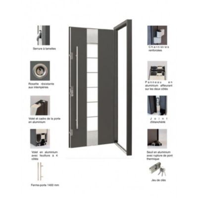 Porte d'entrée en aluminium PASSIVE ALU F2 90 cm anthracite - Poussant: Gauche
