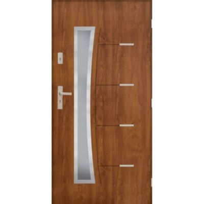 Porte d'entrée SATURNE 80 cm en acier inoxydable en 3 couleurs - Couleur: Chêne doré - Avec Poignée et serrure - Poussant: Droit