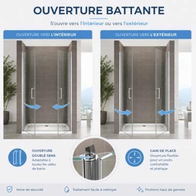 Porte de douche 74x180 cm verre transparent - ajustable de 74 à 77 cm ...