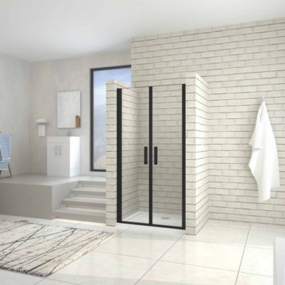 Porte de douche battante 90cm en verre trempé anticalcaire profil et poignée Noir Mat douche italienne hauteur 200cm
