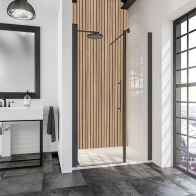 Porte de douche battante l.160 x H.192 cm, verre transparent, profilé noir mat, Schulte NewStyle