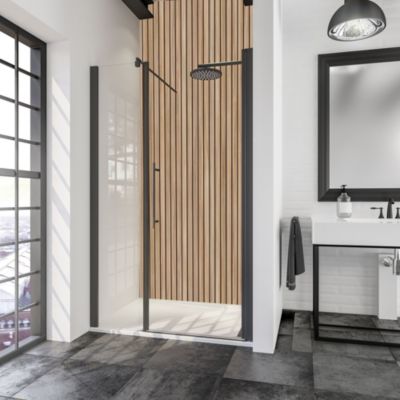 Porte de douche battante l.160 x H.192 cm, verre transparent, profilé noir mat, Schulte NewStyle