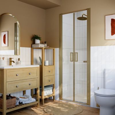 Porte de douche battante l.80 x H.195 cm, verre transparent, profilés doré, GoodHome Ledava