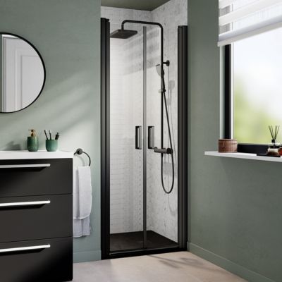 Porte de douche battante l.80 x H.195 cm, verre transparent, profilés noir, GoodHome Ledava