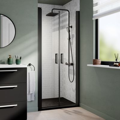 Porte de douche battante l.90 x H.195 cm, verre transparent, profilés noir, GoodHome Ledava