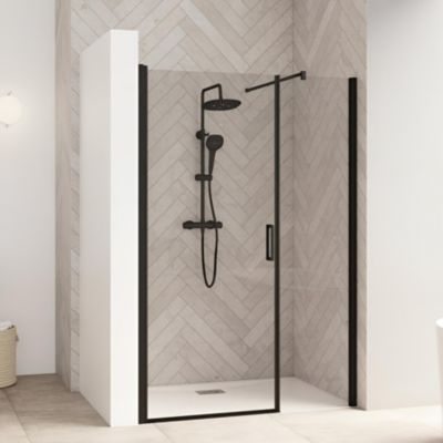 Porte de douche battante L150cm H2,05m avec paroi fixe SMART Design sans seuil (conforme PMR) noir verre transparent