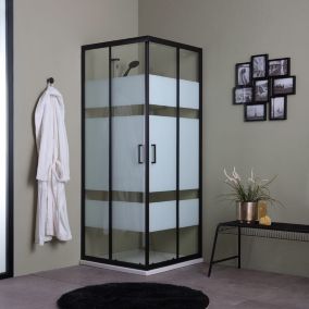 Porte De Douche Carrée 90X90 Avec Portes Sérigraphiées Et Profilés Noirs - City